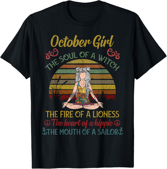 October Girl The Soul of A Witch Funny Yoga Birthday T-Shirt - T-Shirt | Black