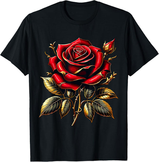 Red Rose Red and Gold T-Shirt - T-Shirt | Black