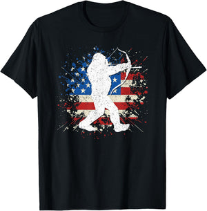 Bigfoot Bow Hunting Archery American Flag Sasquatch Hunter T-Shirt - T-Shirt | Black