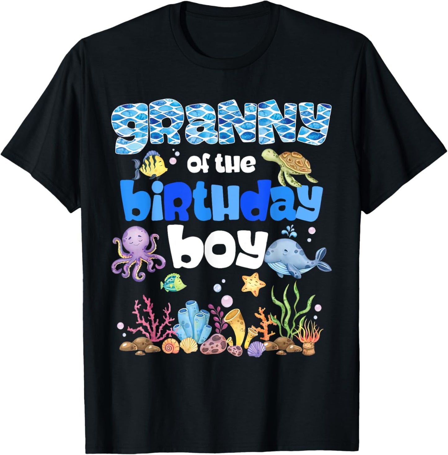 Granny Of The Birthday Boy Sea Fish Ocean Animals Aquarium T-Shirt - T-Shirt | Black
