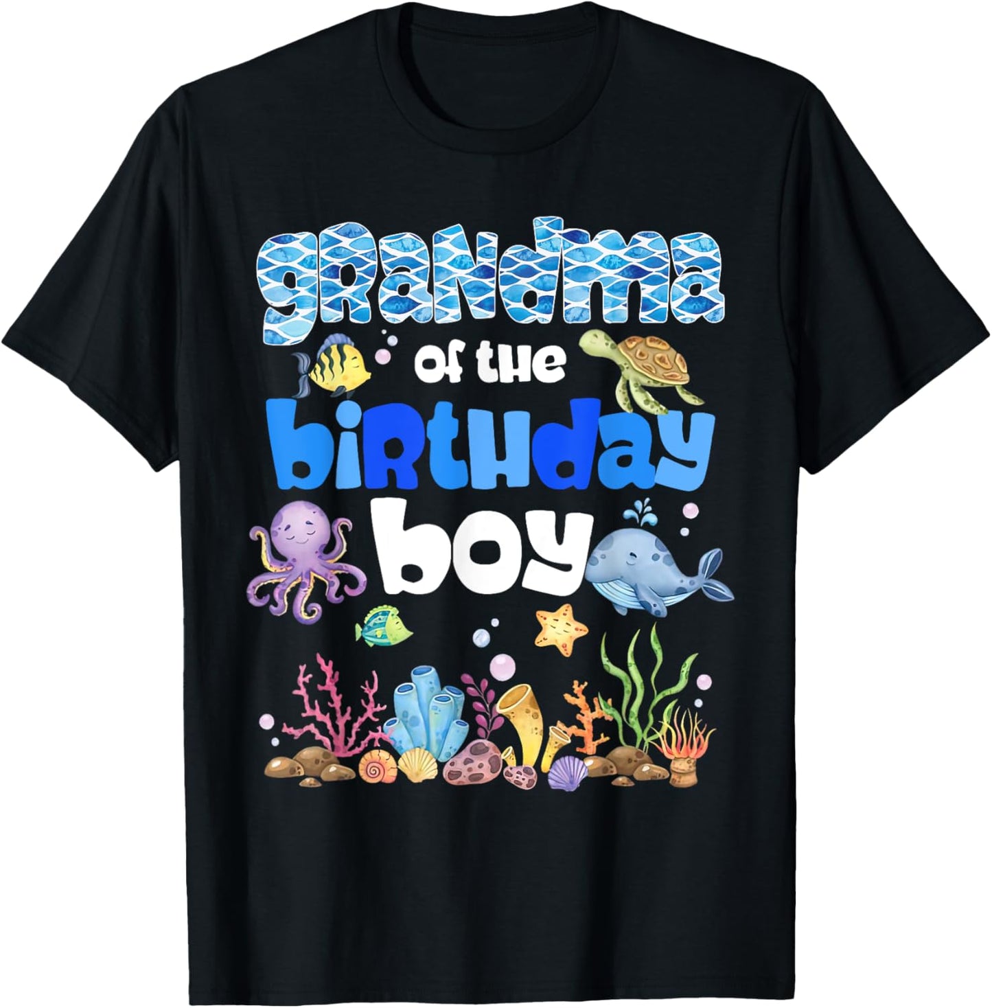 Grandma Of The Birthday Boy Sea Fish Ocean Animals Aquarium T-Shirt - T-Shirt | Black