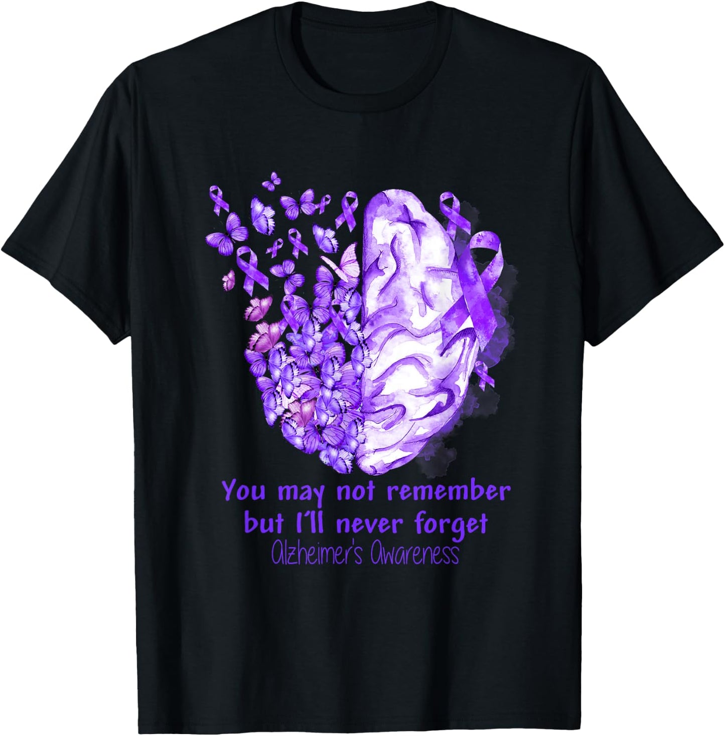 Alzheimer's awareness, Dementia gift, Purple Butterfiles T-Shirt - T-Shirt | Black