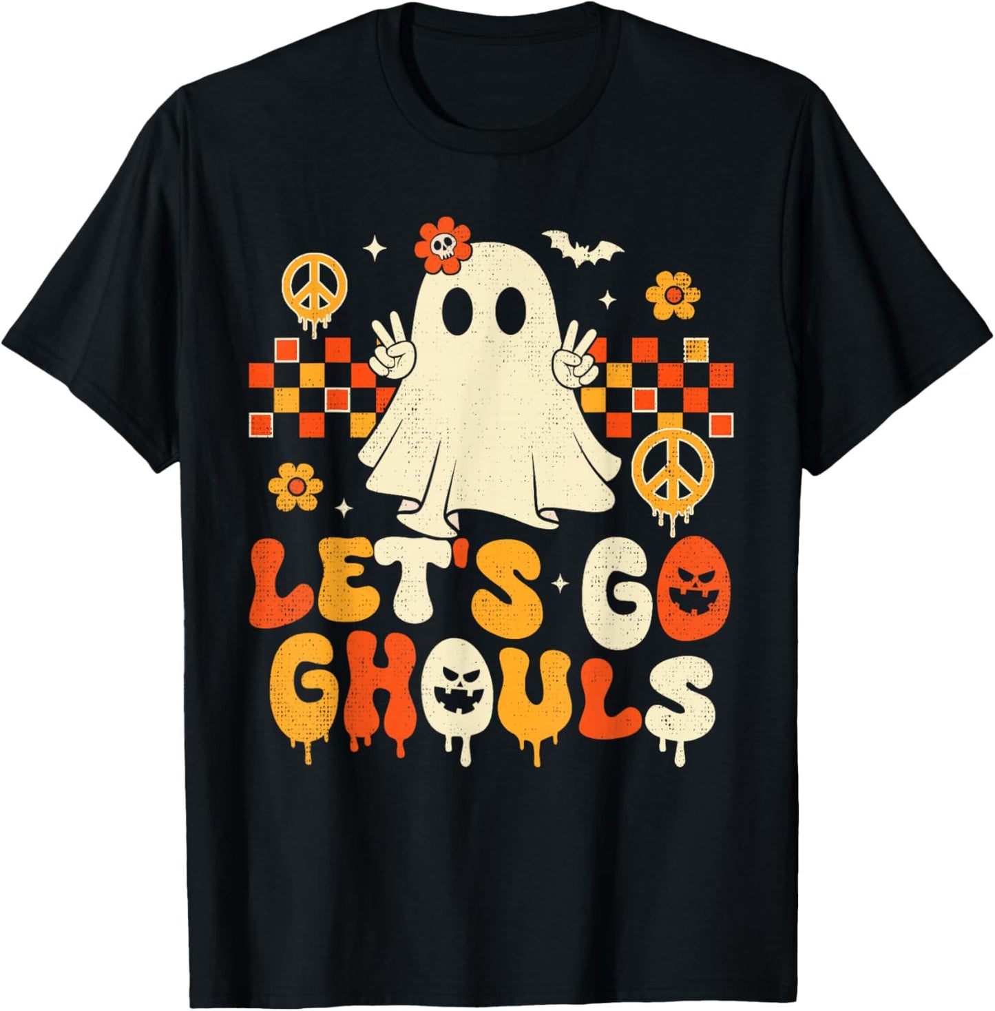 Halloween Lets Go Ghouls Ghost Retro Groovy Women Girl Kids T-Shirt - T-Shirt | Black