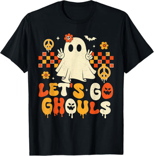 Halloween Lets Go Ghouls Ghost Retro Groovy Women Girl Kids T-Shirt - T-Shirt | Black