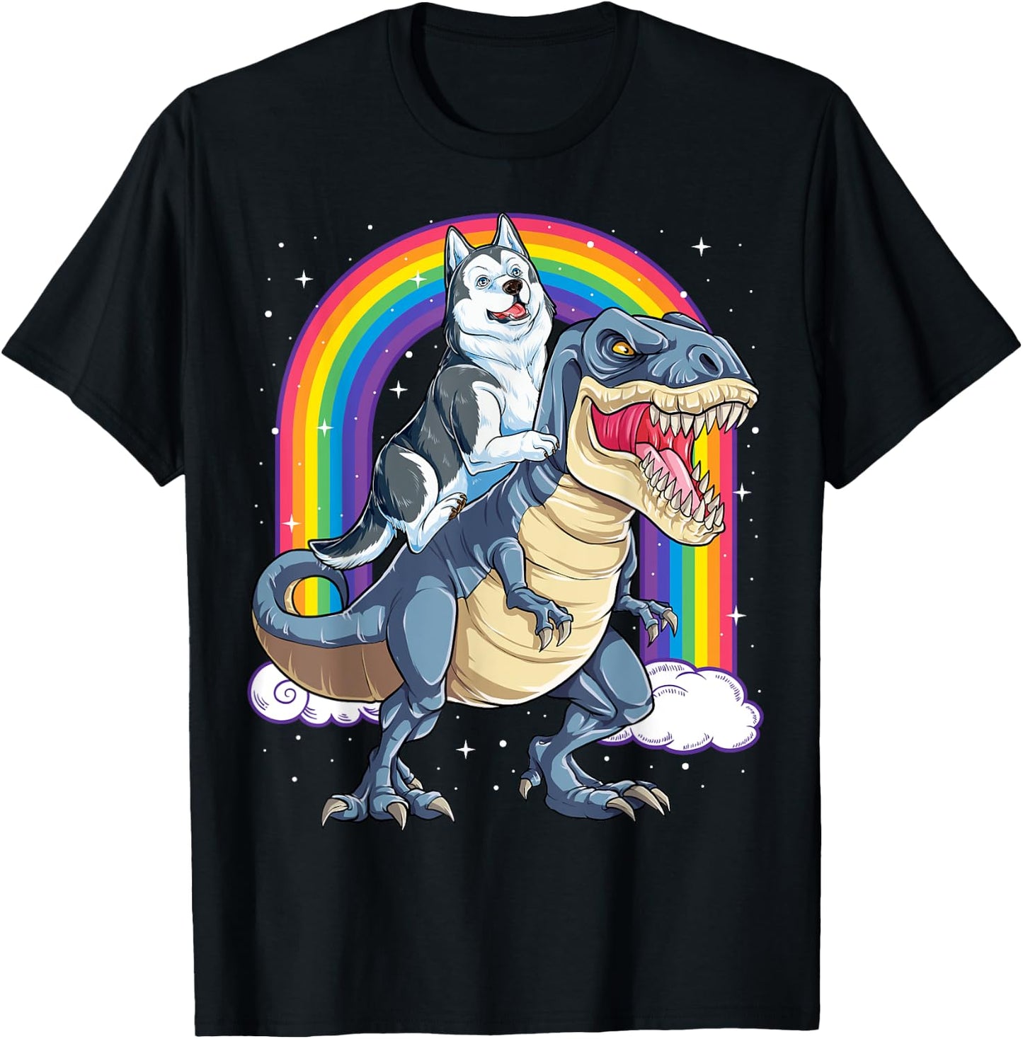 Siberian Husky Riding Dinosaur T-rex Gifts Boys Kids Rainbow T-Shirt - T-Shirt | Black