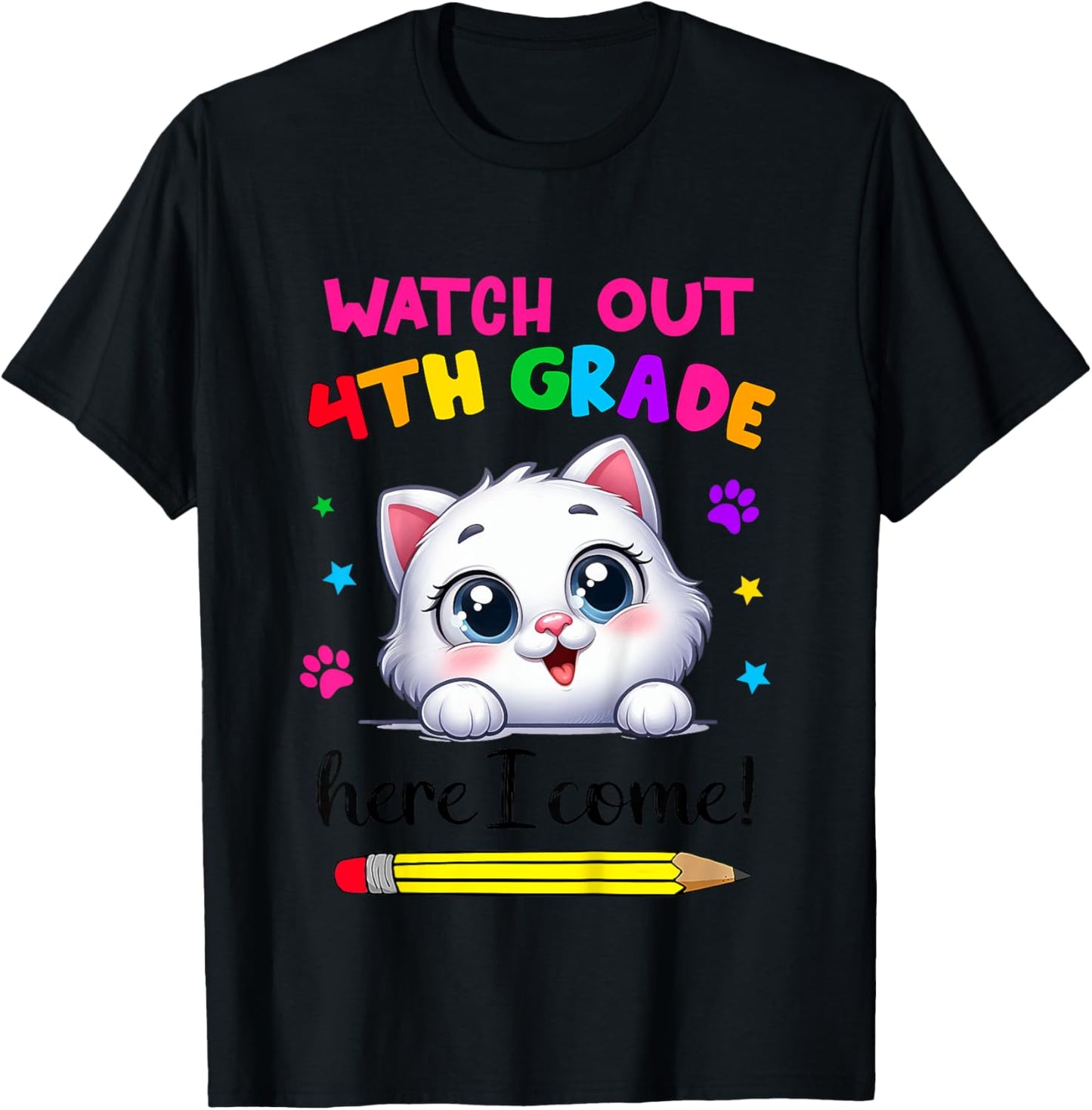 Kids Watch Out 4th Grade Here I Come Girls Cat Back To School T-Shirt - T-Shirt | Black