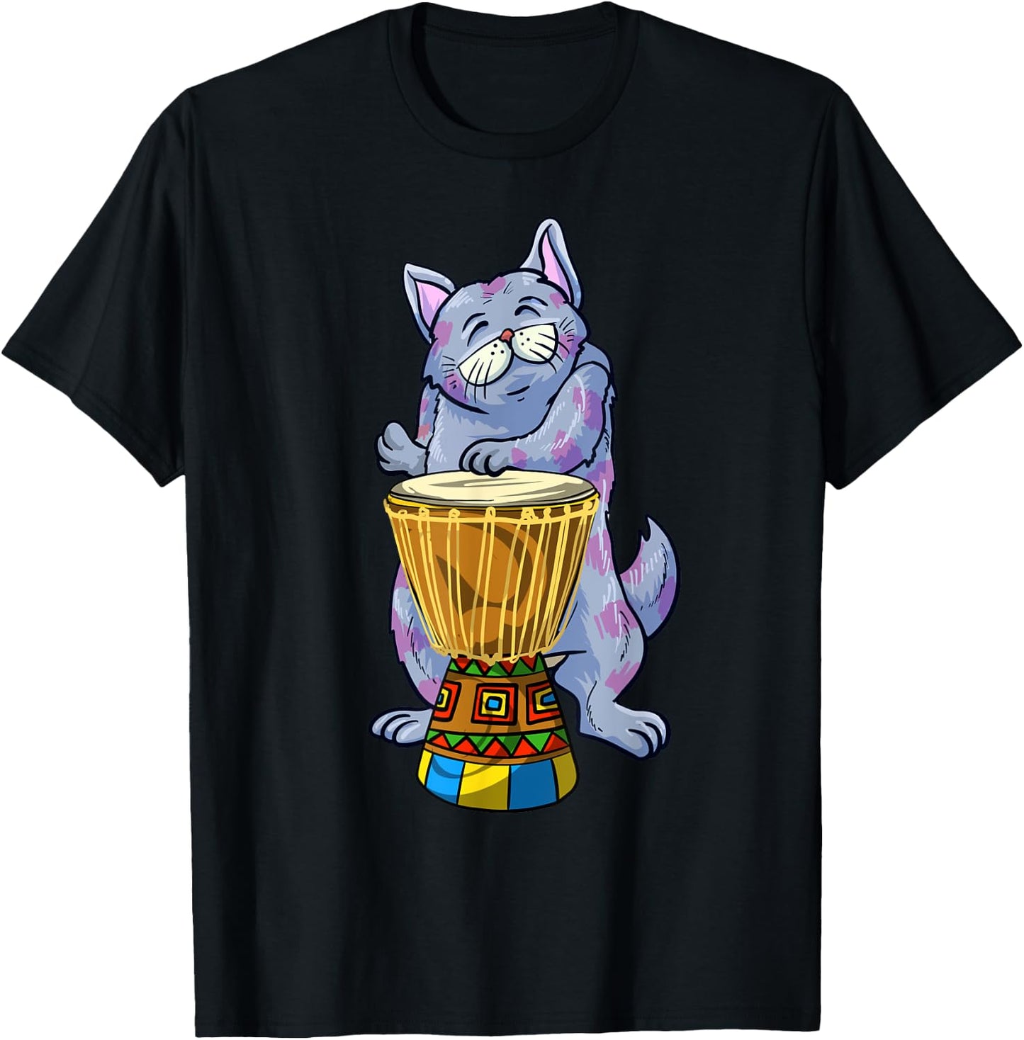 Funny Cat Playing Djembe Gift | Cute Kitten Musician Fan T-Shirt - T-Shirt | Black