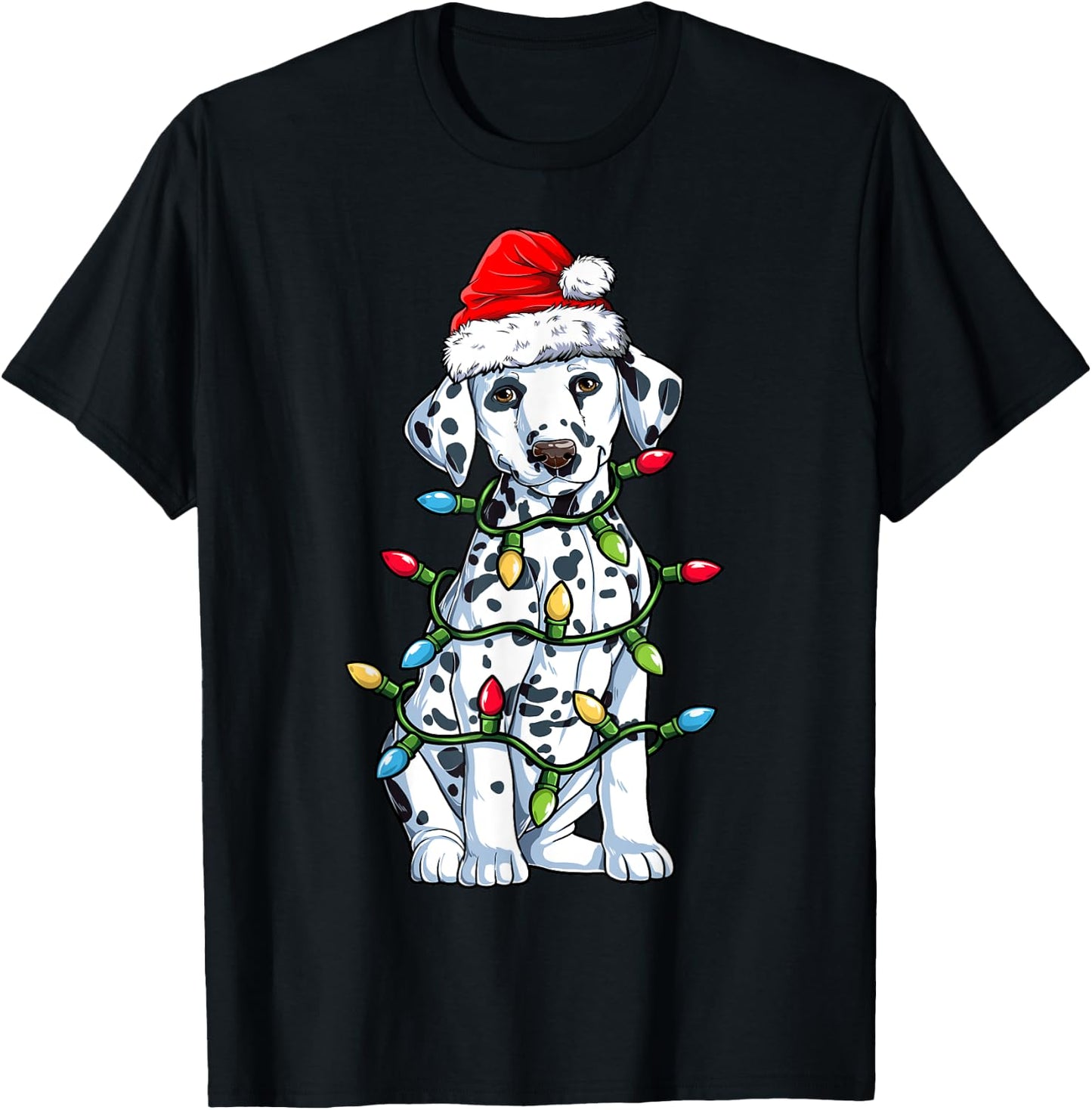 Dalmatian Santa Christmas Tree Lights Xmas Boys Dog Dogmas T-Shirt - T-Shirt | Black