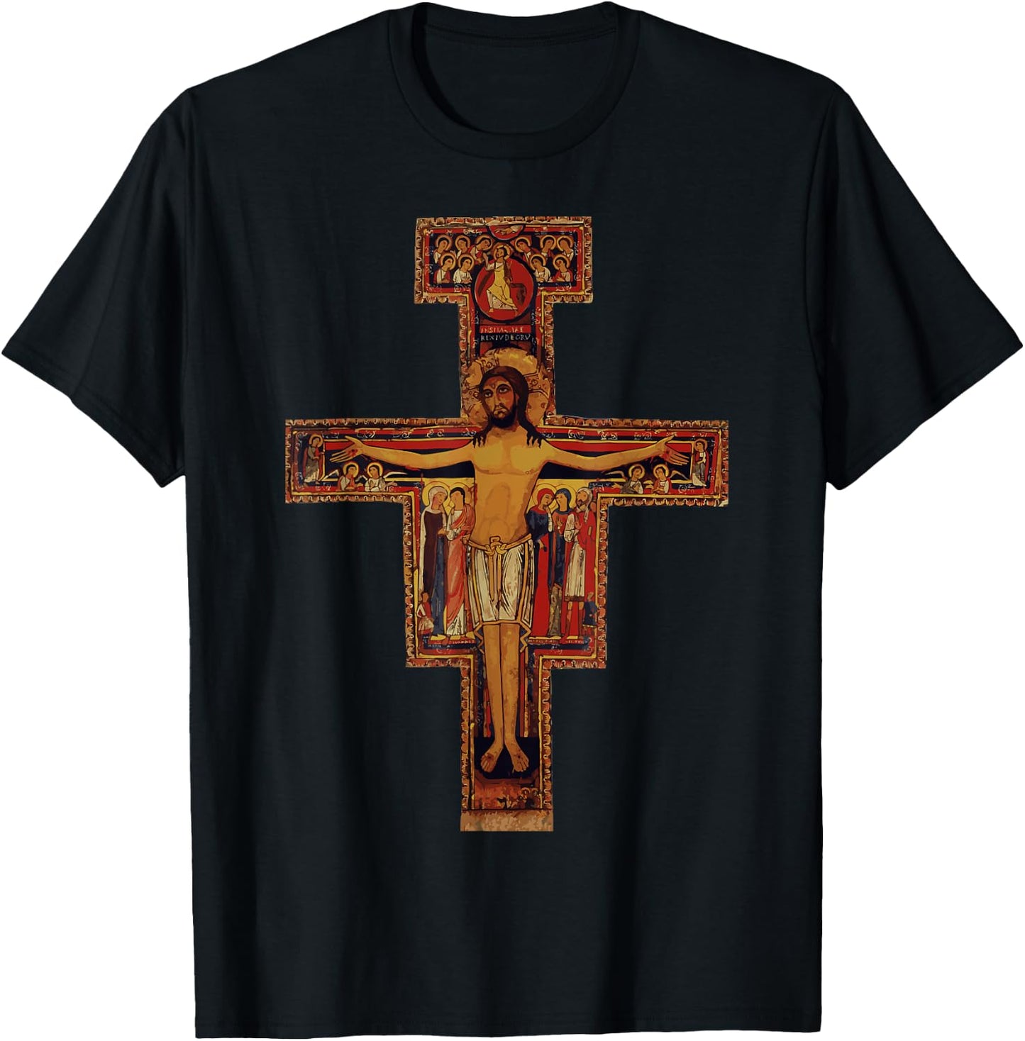 Happy Catholics Catholic Francis of Assisi San Damiano Cross - Black, Adult, Short Sleeve, Modern Religious Style, Casual, Size Small T-Shirt - T-Shirt | Black