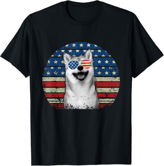 Retro Patriotic Shiba Inu American Flag Dog Lover T-Shirt - T-Shirt | Black