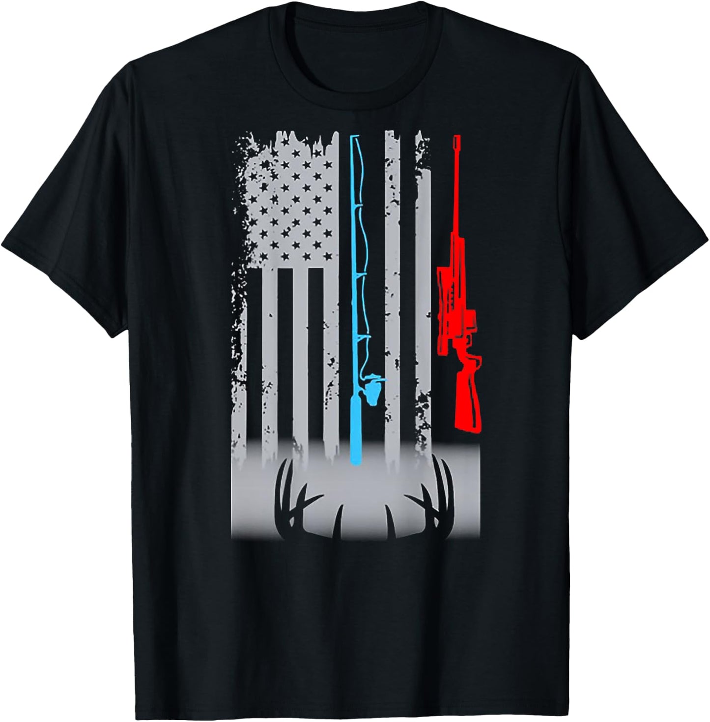Fishing Rod Shotgun Deer Flag (on back) T-Shirt - T-Shirt | Black