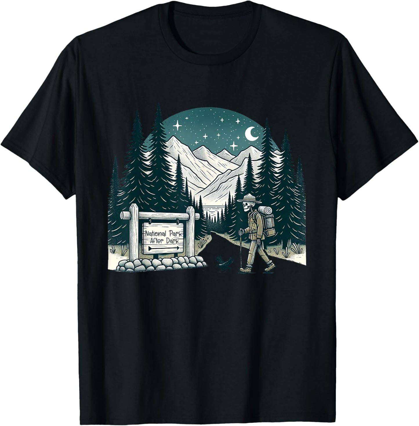 Vintage Retro National Park After Dark Skeleton Hiking Camping Outdoor , Small T-Shirt - T-Shirt | Black
