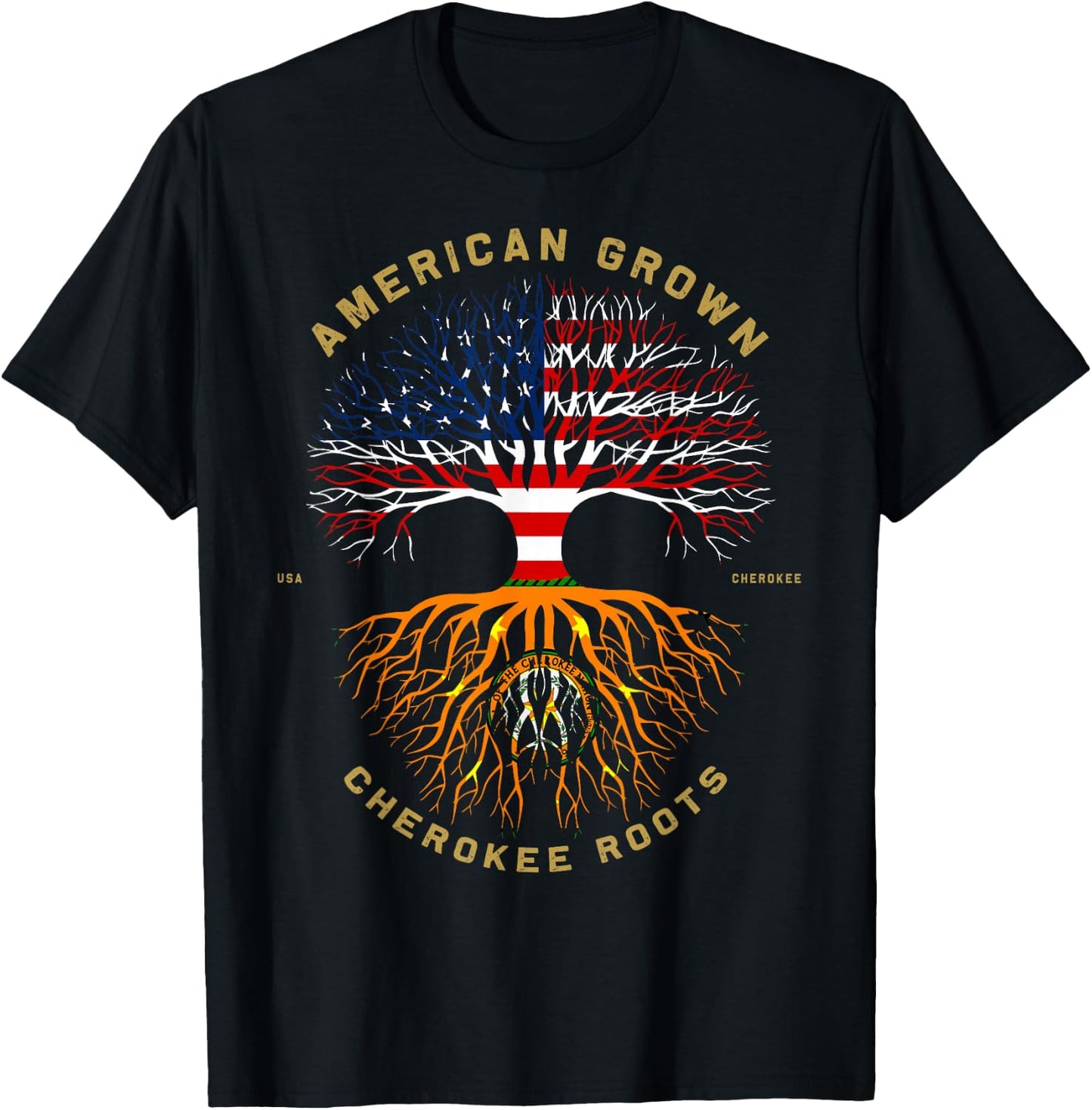 American Grown with Cherokee Roots Tree USA Flag T-Shirt - T-Shirt | Black