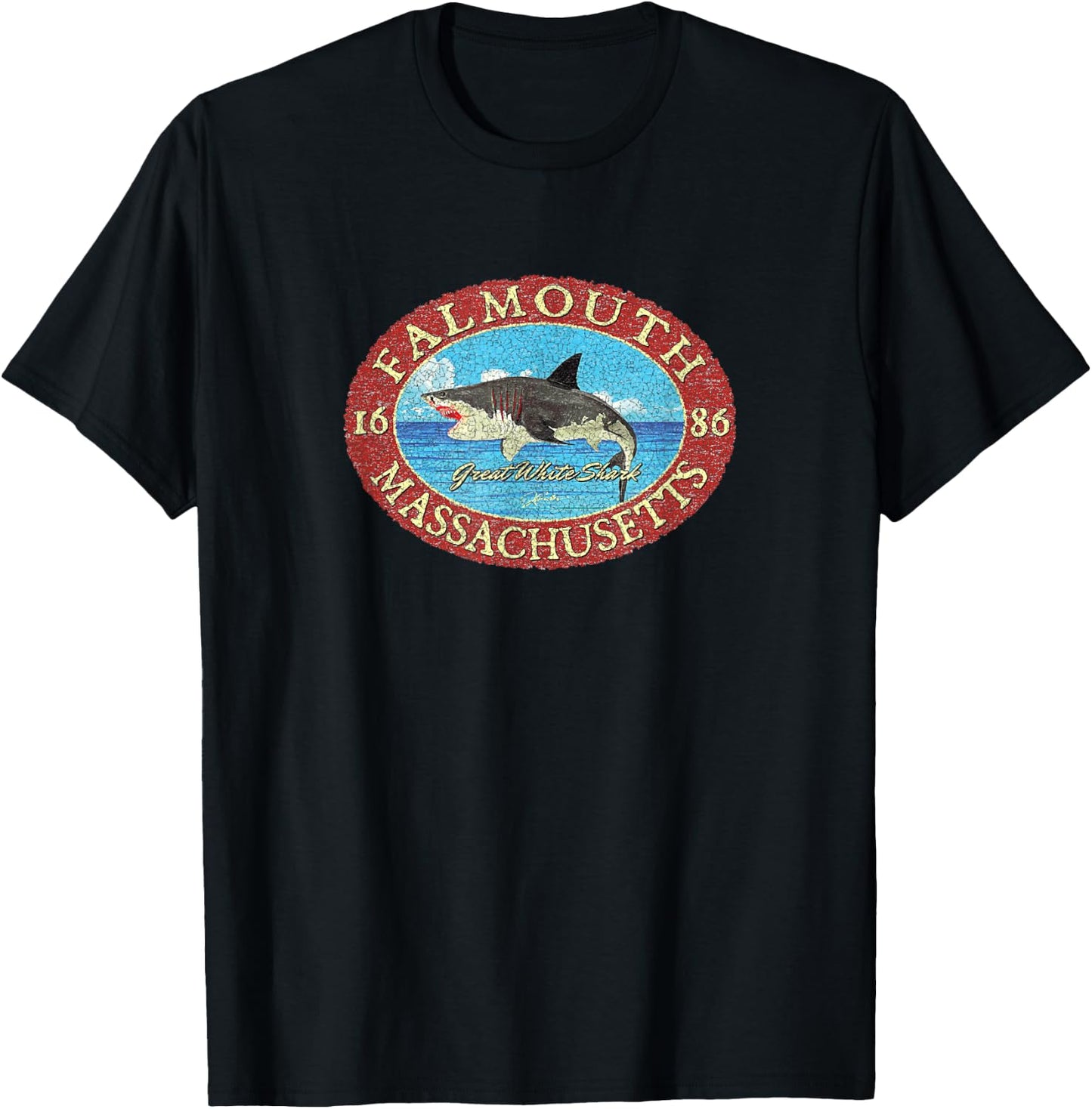 JCombs: Falmouth, MA, Great White Shark and Sea T-Shirt - T-Shirt | Black