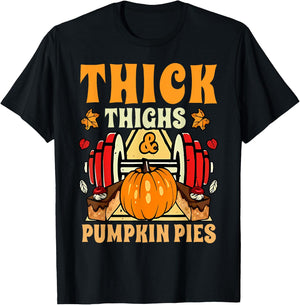 Thick Thighs Pumpkin Pies Gym Autumn Thanksgiving Groovy T-Shirt - T-Shirt | Black
