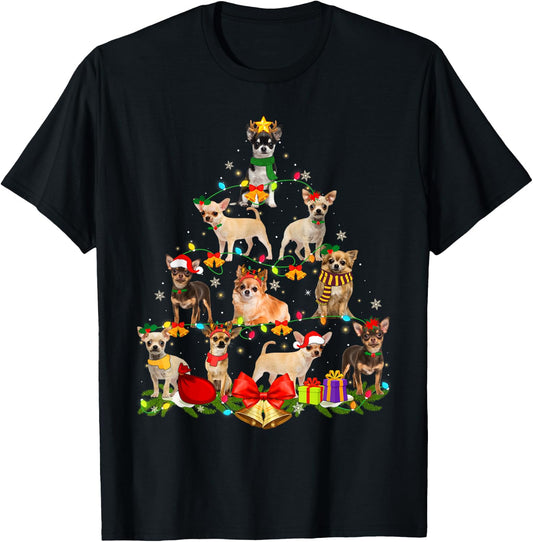 Dog Lover Chihuahua Tree Christmas Light Xmas Pajama Women Kids T-Shirt - T-Shirt | Black