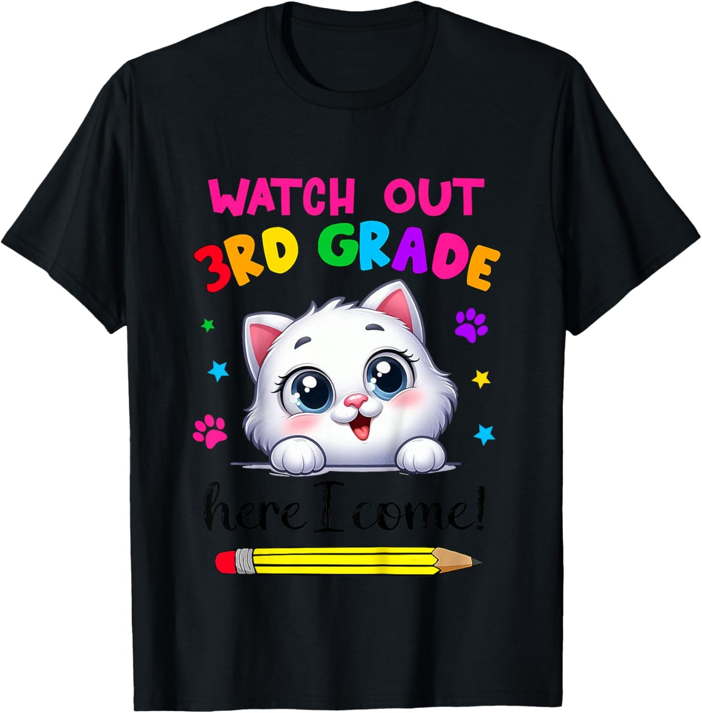 Watch Out 3rd Grade Here I Come Girls Cat Back To School T-Shirt - T-Shirt | Black