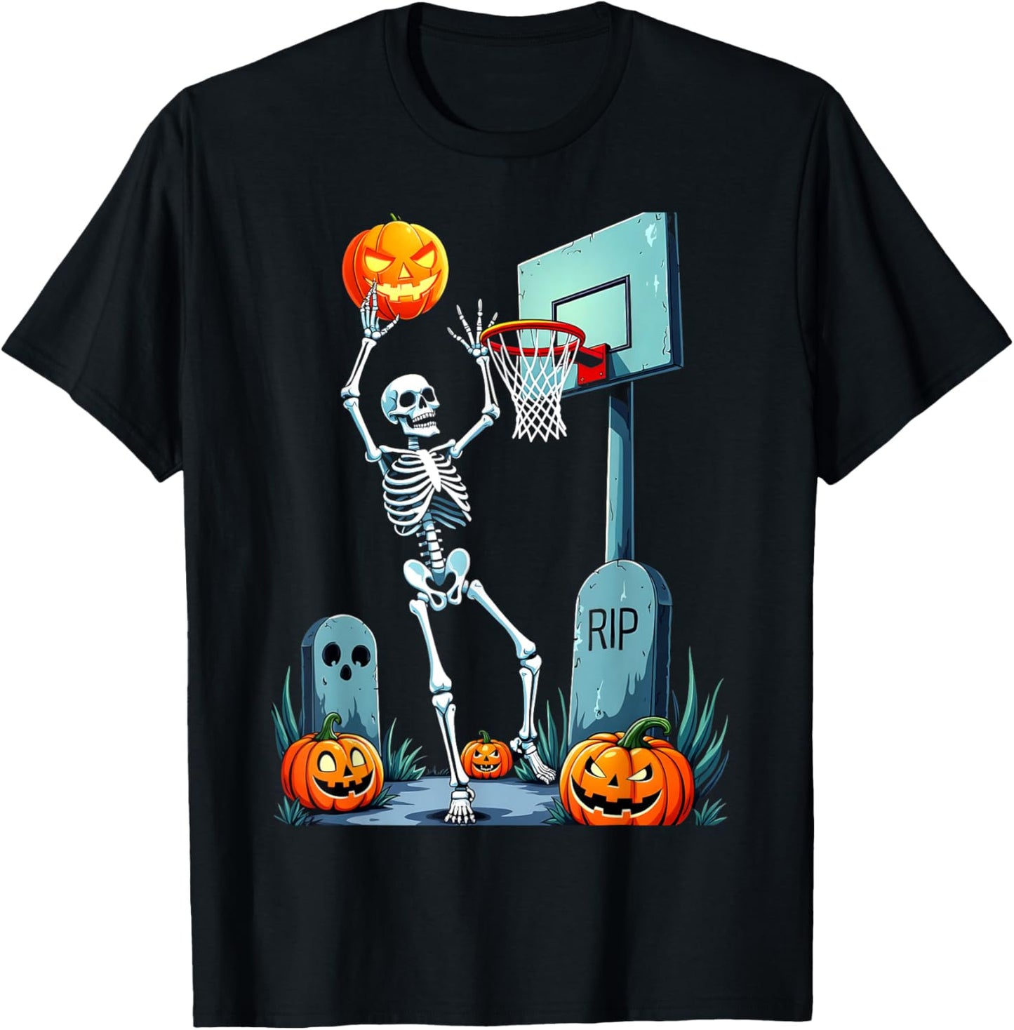 Halloween Basketball Skeleton Pumpkin T-Shirt - T-Shirt | Black