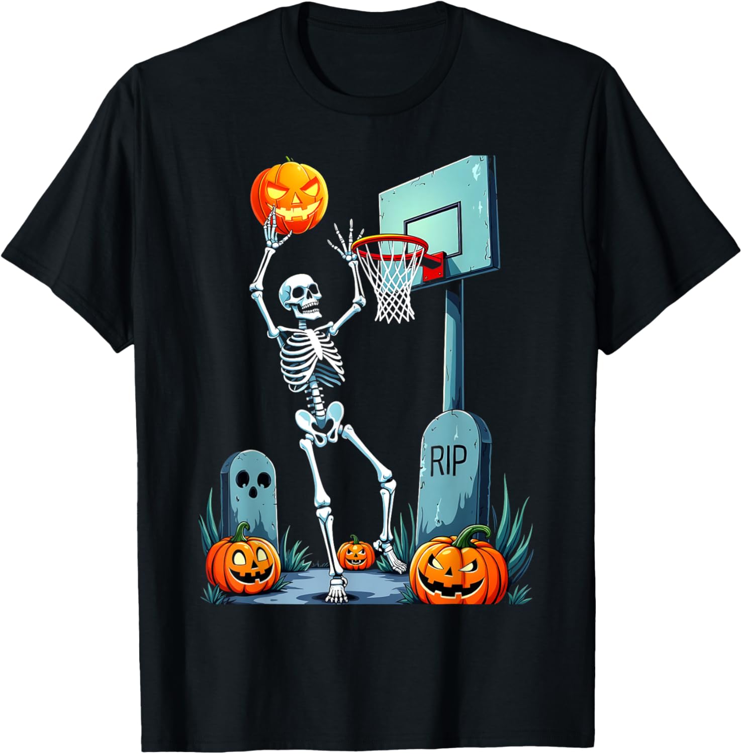 Halloween Basketball Skeleton Pumpkin T-Shirt - T-Shirt | Black