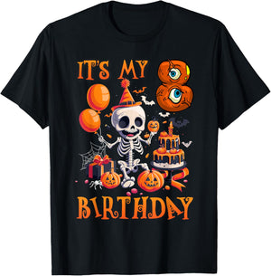Kids Boo It's My 8th Birthday Halloween Skeleton 8 Years Old T-Shirt - T-Shirt | Black