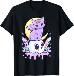 Kawaii Pastel Goth Cute Scary Witchy Cat and Skull T-Shirt - T-Shirt | Black