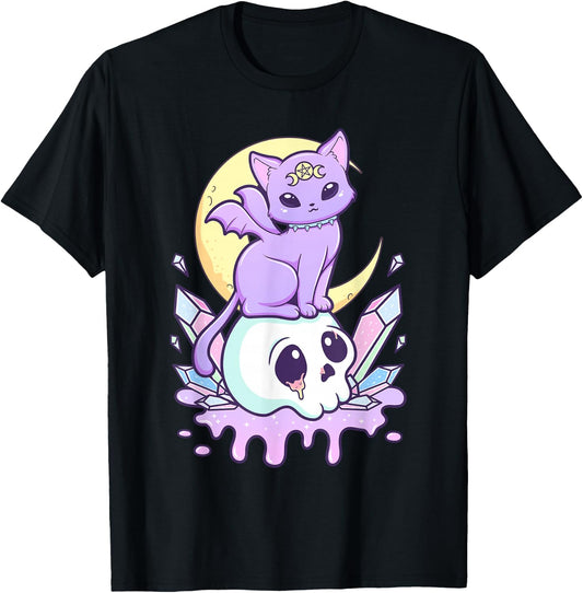 Kawaii Pastel Goth Cute Scary Witchy Cat and Skull T-Shirt - T-Shirt | Black