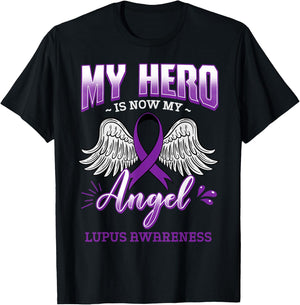My Hero Is Now My Angel Lupus Purple Awareness Gift T-Shirt - T-Shirt | Black