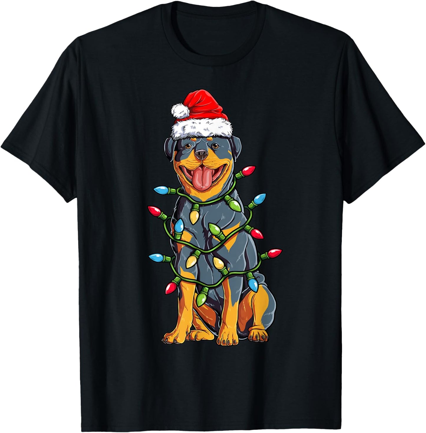 Rottweiler Santa Christmas Tree Lights Xmas Boys Dog Dogmas T-Shirt - T-Shirt | Black