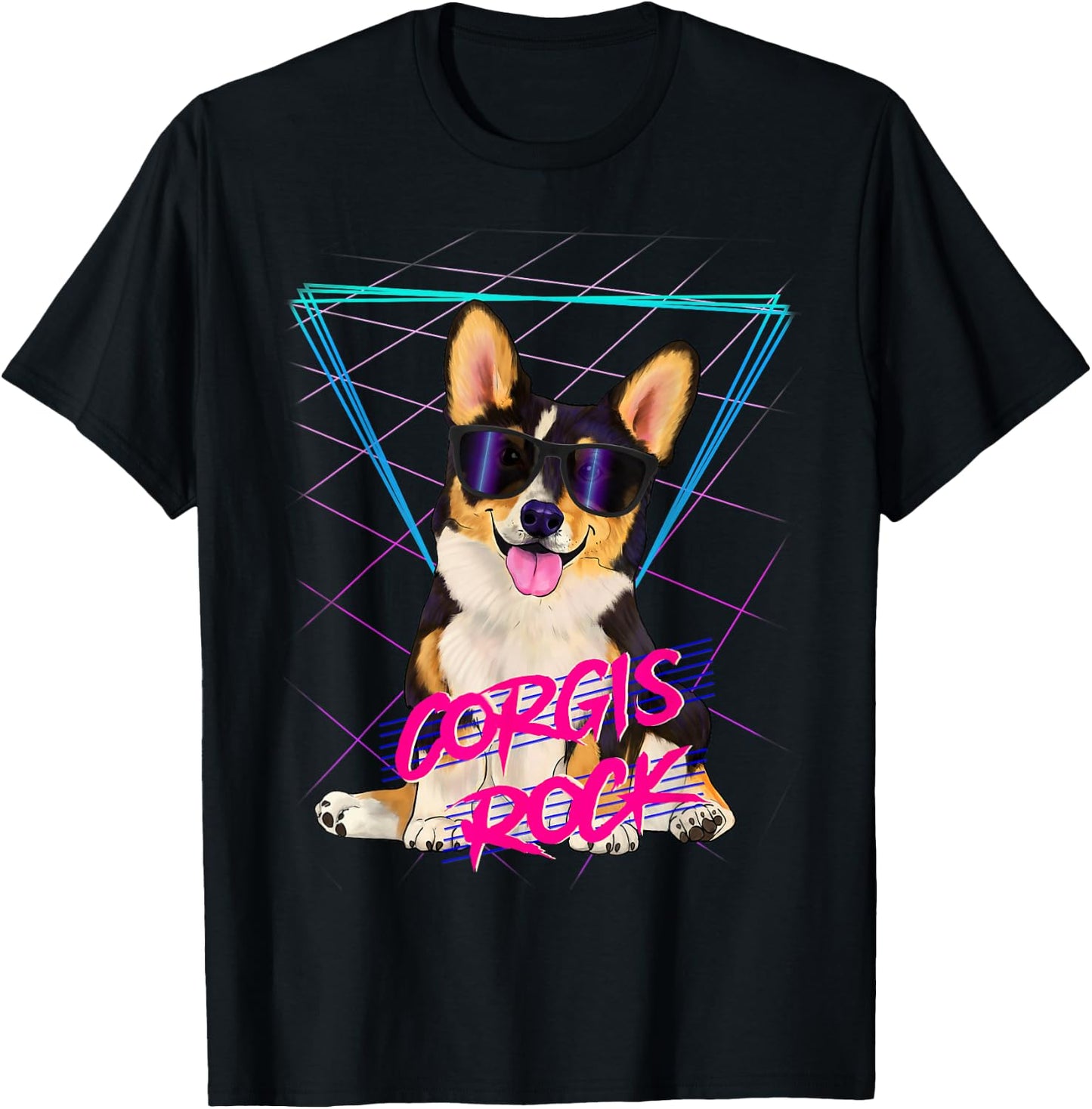 Corgis Rock - retro 80s corgi dog in sunglasses T-Shirt - T-Shirt | Black