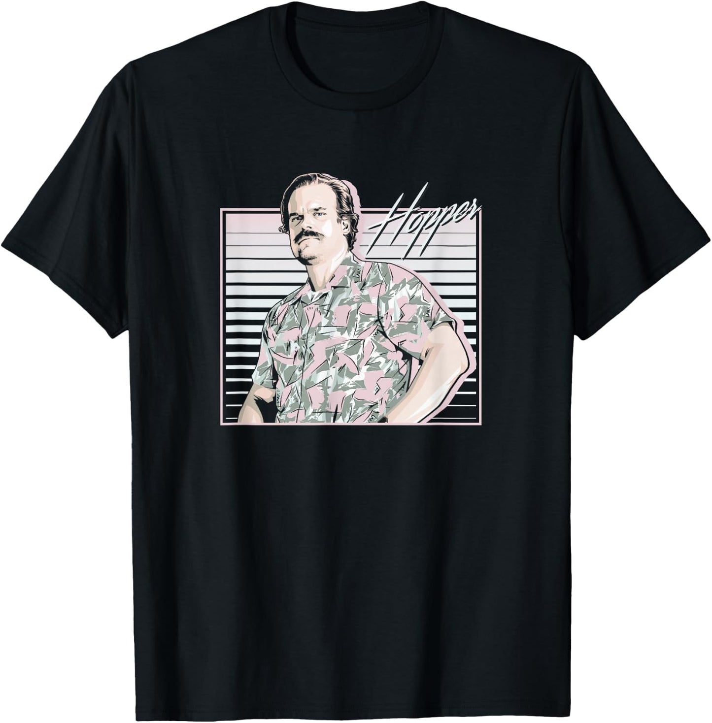 Stranger Things Hopper Hawaiian Shutter Background T-Shirt - T-Shirt | Black