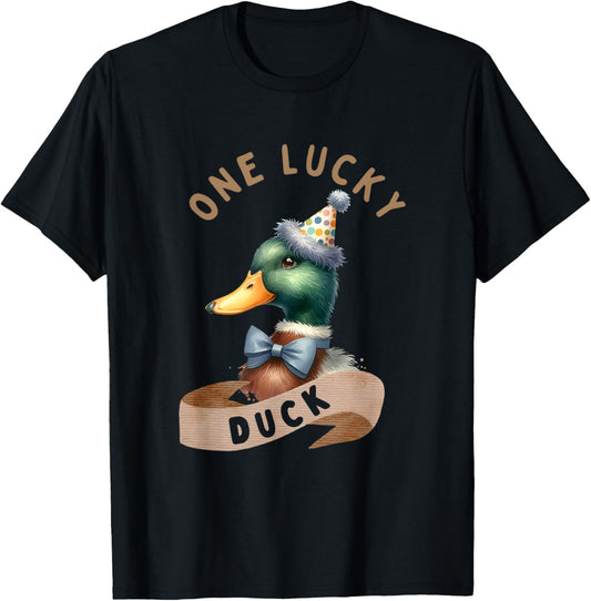 One Lucky Duck 1st Birthday 1 Years Old Poultry Mallard Duck T-Shirt - T-Shirt | Black