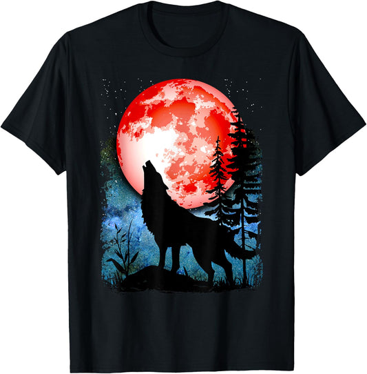 Wolf Howls Red Blood Moon Galaxy Star Night T-Shirt - T-Shirt | Black