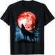 Wolf Howls Red Blood Moon Galaxy Star Night T-Shirt - T-Shirt | Black