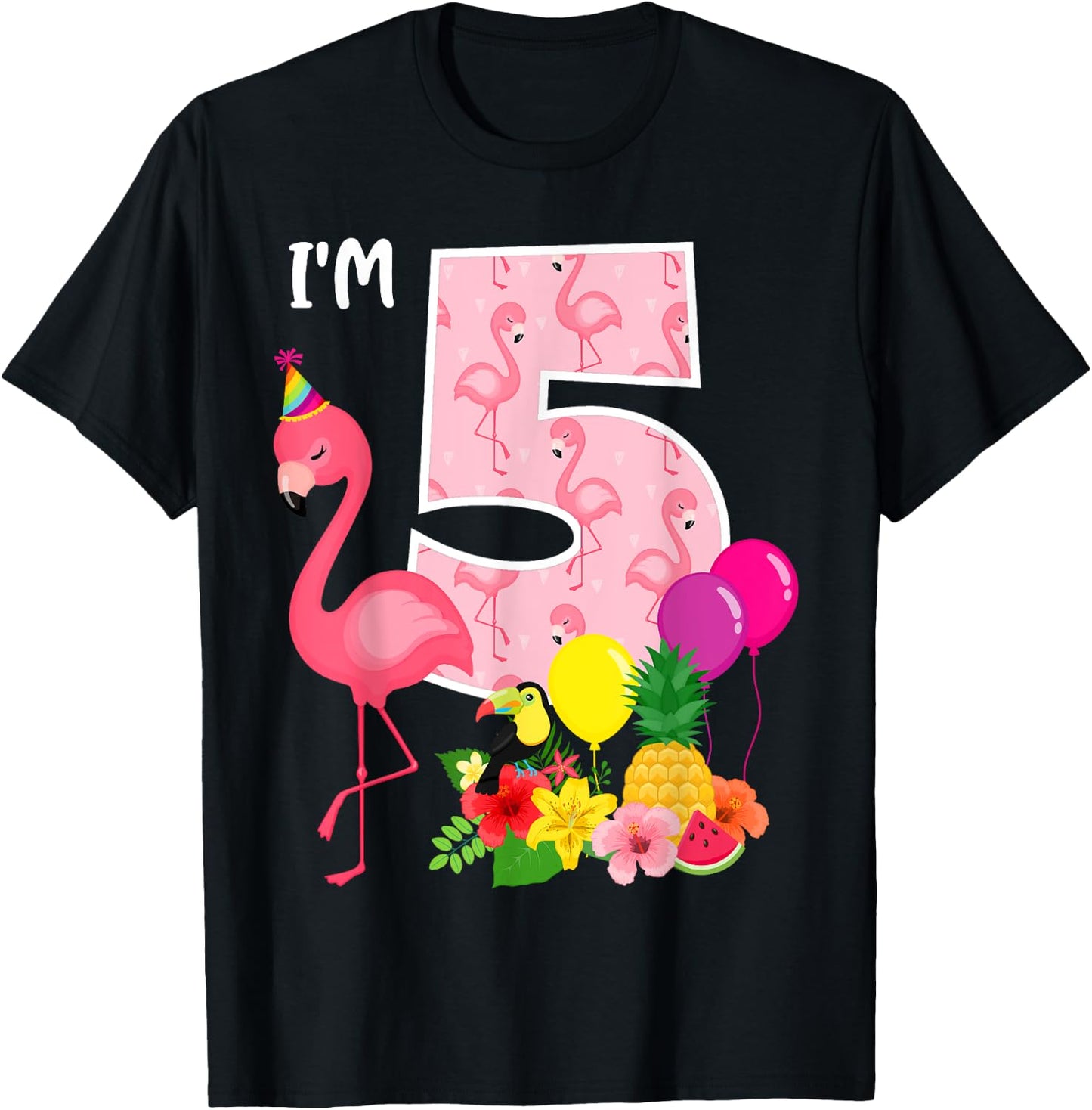 Flamingo Birthday I'm 5 Tropical Flamingo Theme 5th Birthday T-Shirt - T-Shirt | Black