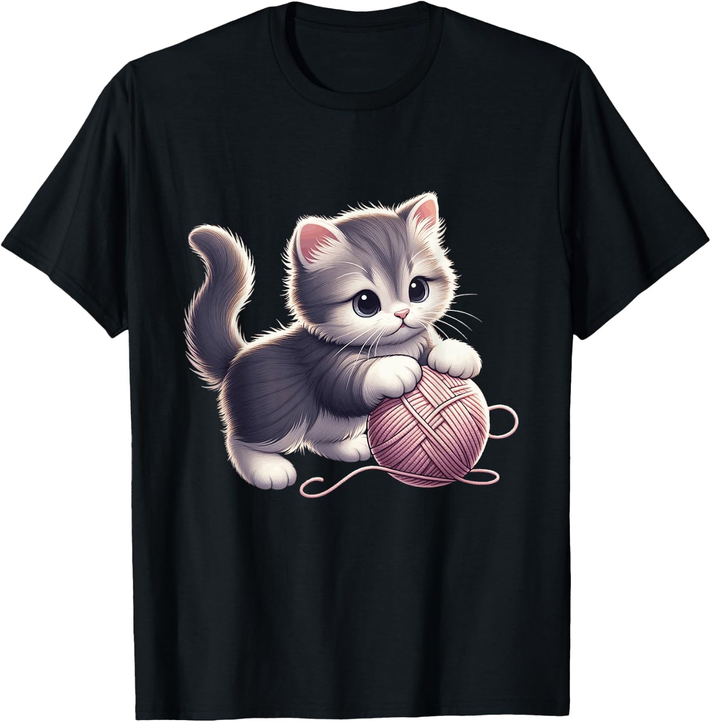 Cute Kitten Cat playing with Wool Ball Adorable Playful T-Shirt - T-Shirt | Black