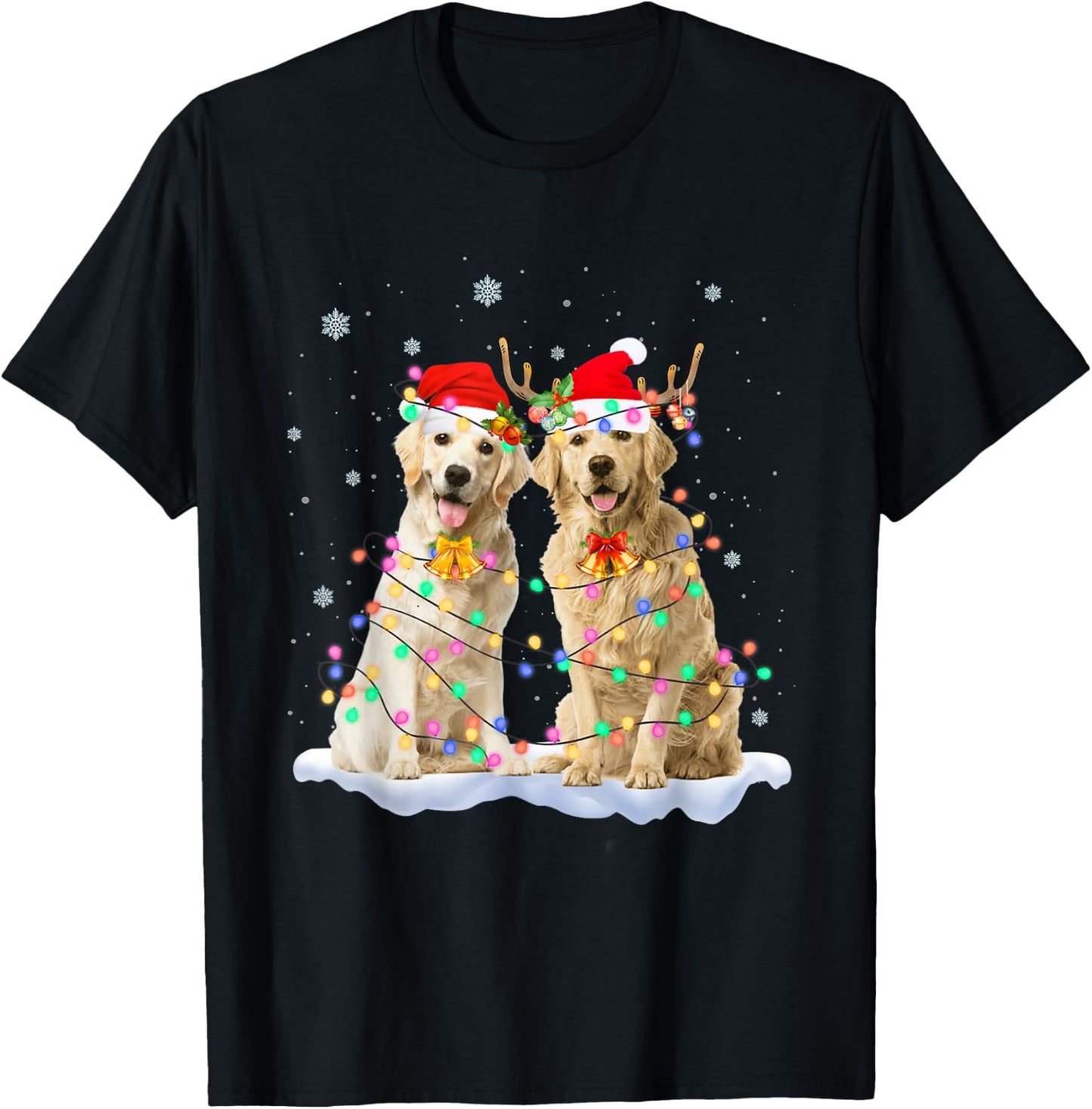 Golden Retriever Christmas Santa Hat Reindeer Lights Pajama T-Shirt - T-Shirt | Black