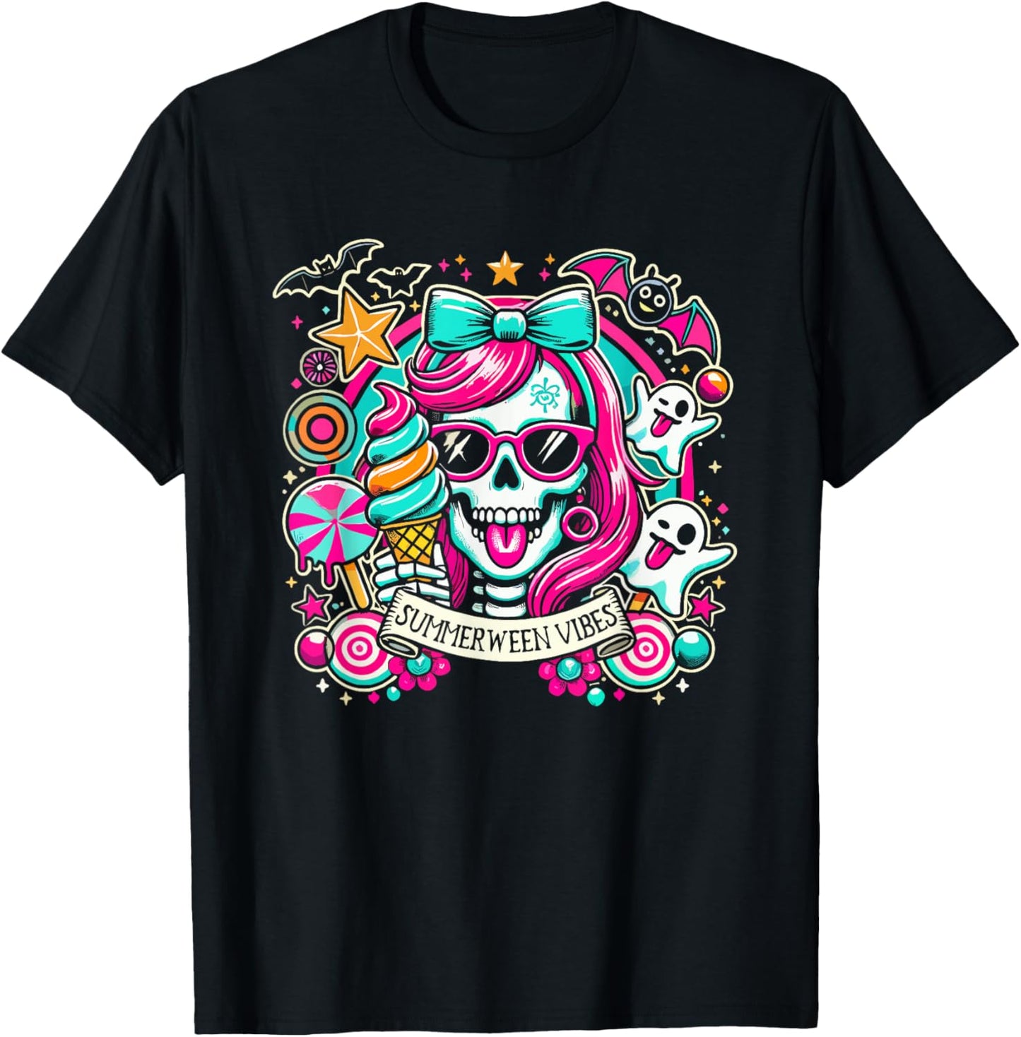 Summerween Vibes Skeleton Spooky Vacation Halloween Summer Women Kids T-Shirt - T-Shirt | Black