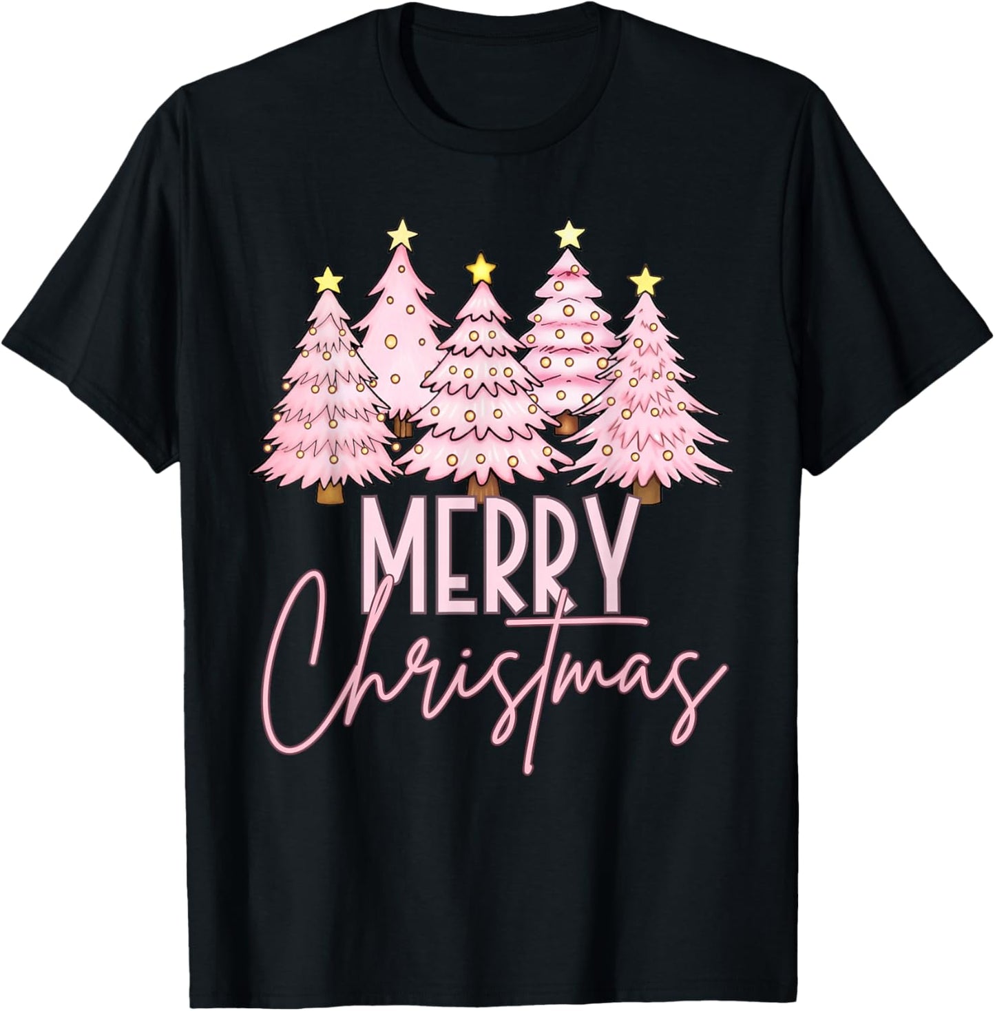 Pink Christmas Tree Merry and Bright Christmas Tree T-Shirt - T-Shirt | Black