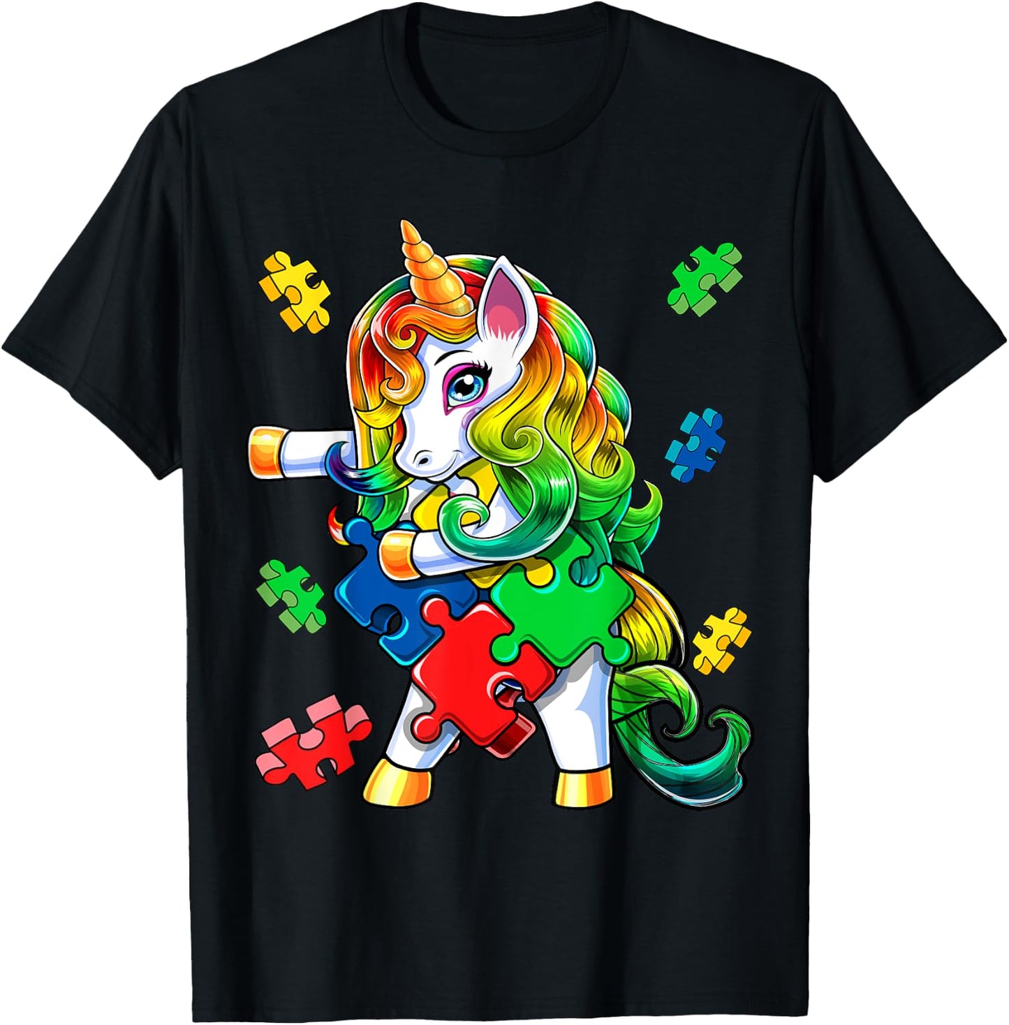 Autism Awareness Flossing Unicorn Puzzle Piece Gift Kids T-Shirt - T-Shirt | Black