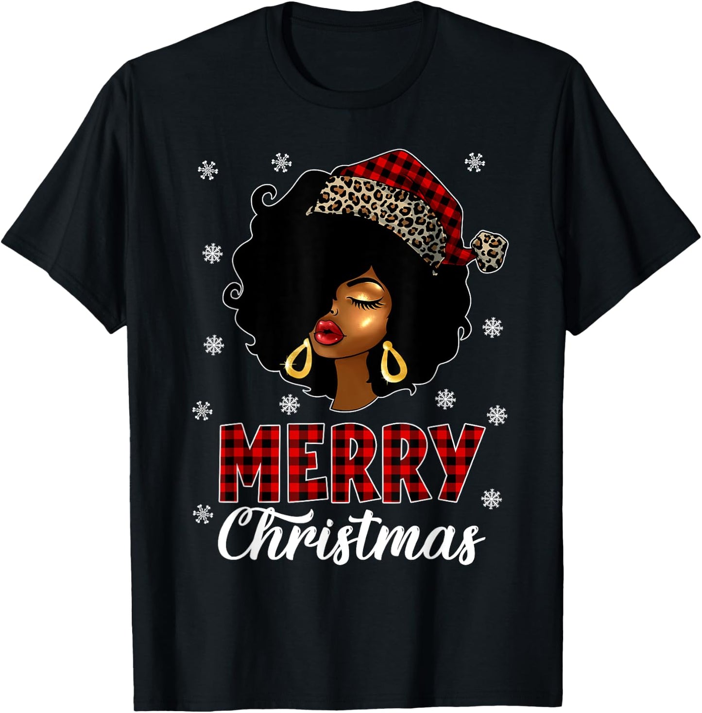 African American Afro Woman Santa Hat Merry Christmas T-Shirt - T-Shirt | Black