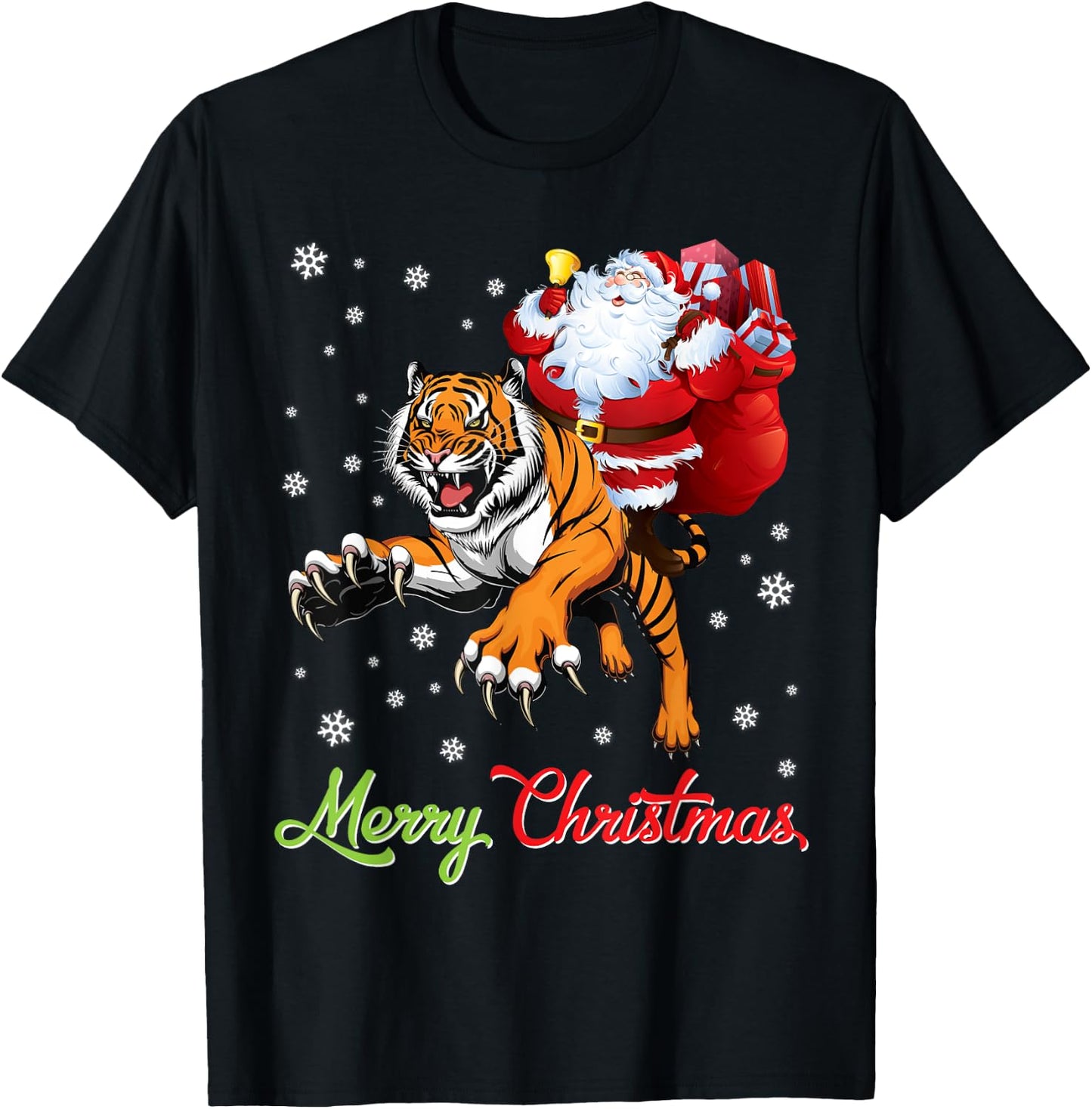 Santa Claus With Xmas Gift Riding Tiger Merry Christmas Day T-Shirt - T-Shirt | Black