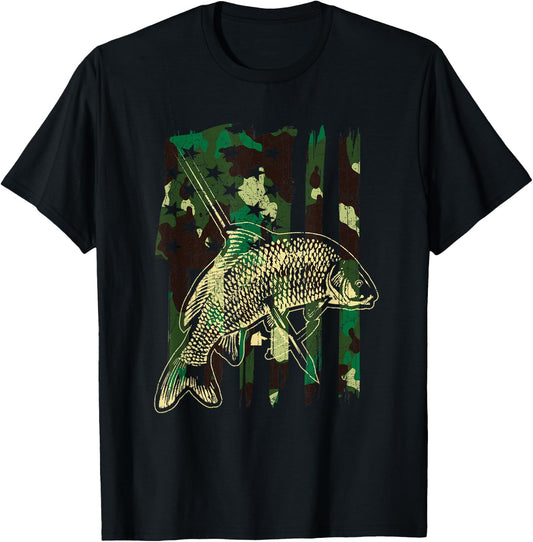 Camo American Flag Bowfishing Gift | Bow Fishing, Bow Fisher T-Shirt - T-Shirt | Black