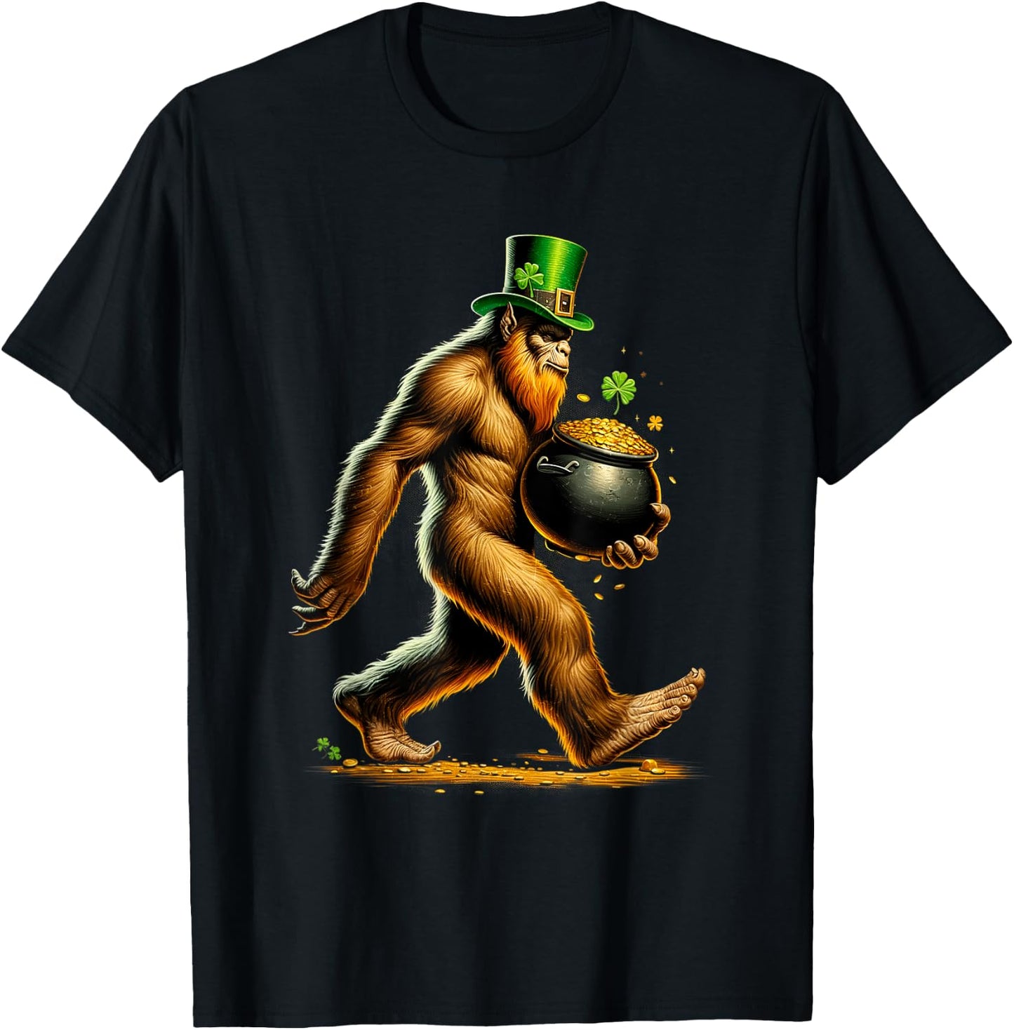 Happy St Patrick's Day Funny Bigfoot Sasquatch Shamrock Gold T-Shirt - T-Shirt | Black