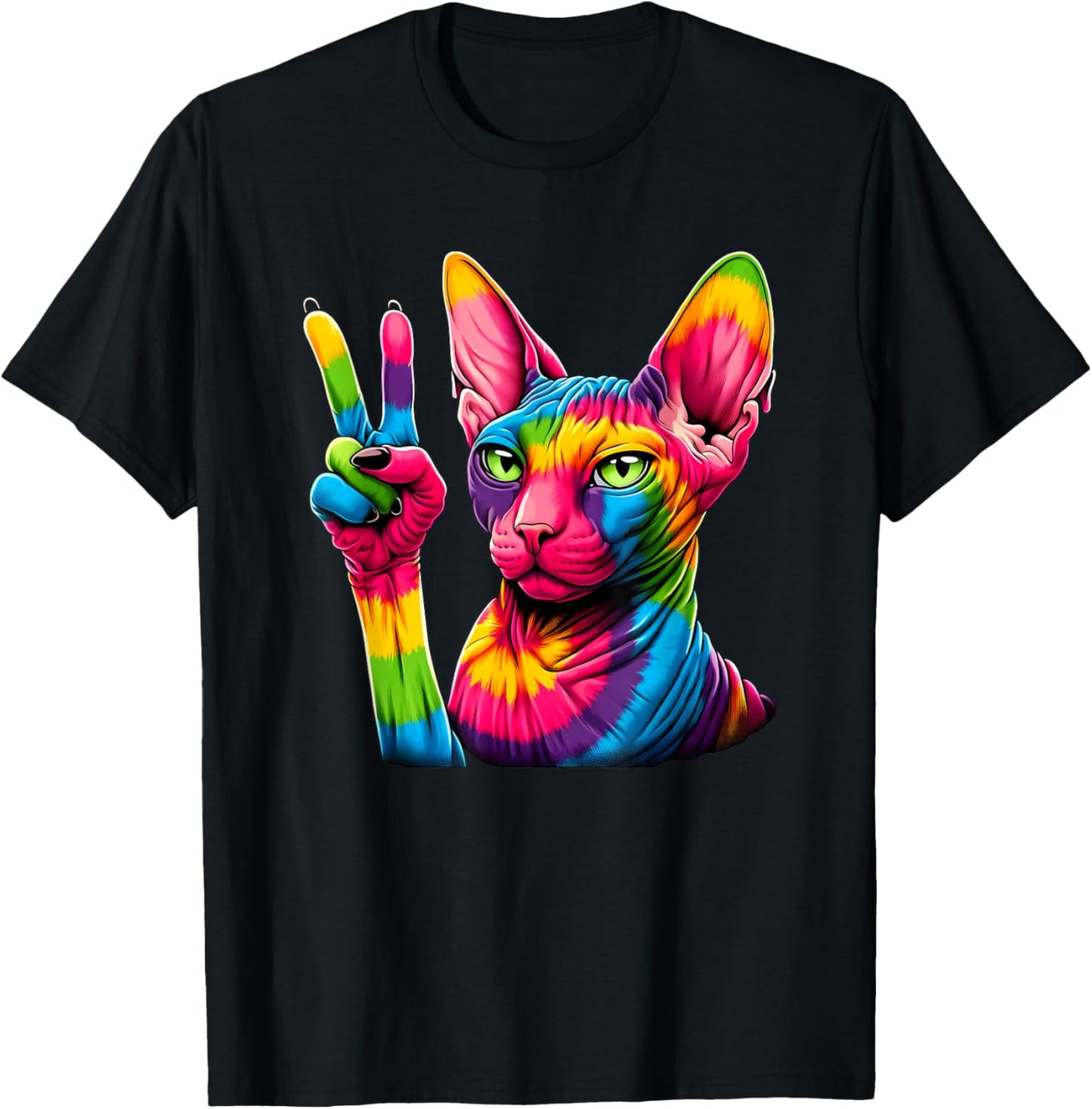 Peace Sign Tie Dye Hairless Sphinx Cat T-Shirt - T-Shirt | Black