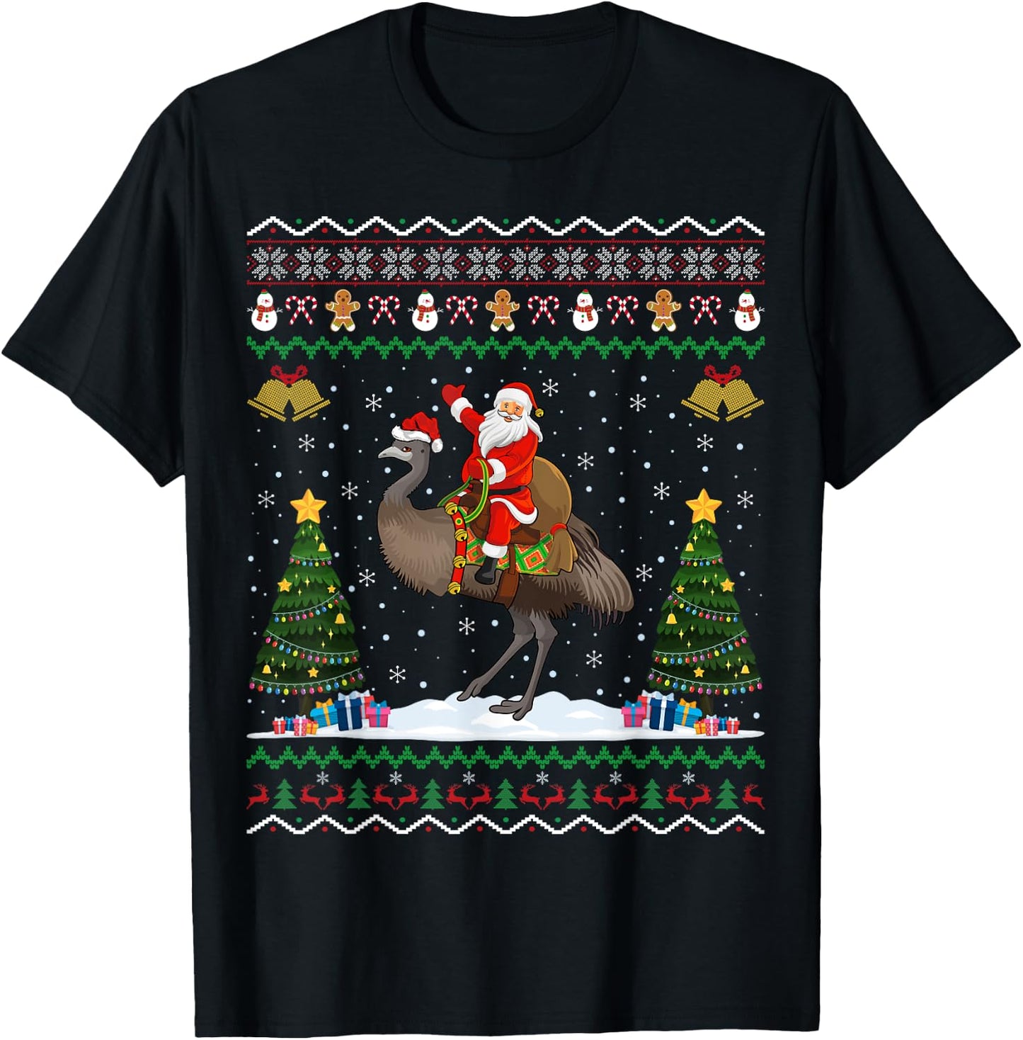 Emu Bird Ugly Xmas Gift Santa Riding Emu Christmas T-Shirt - T-Shirt | Black