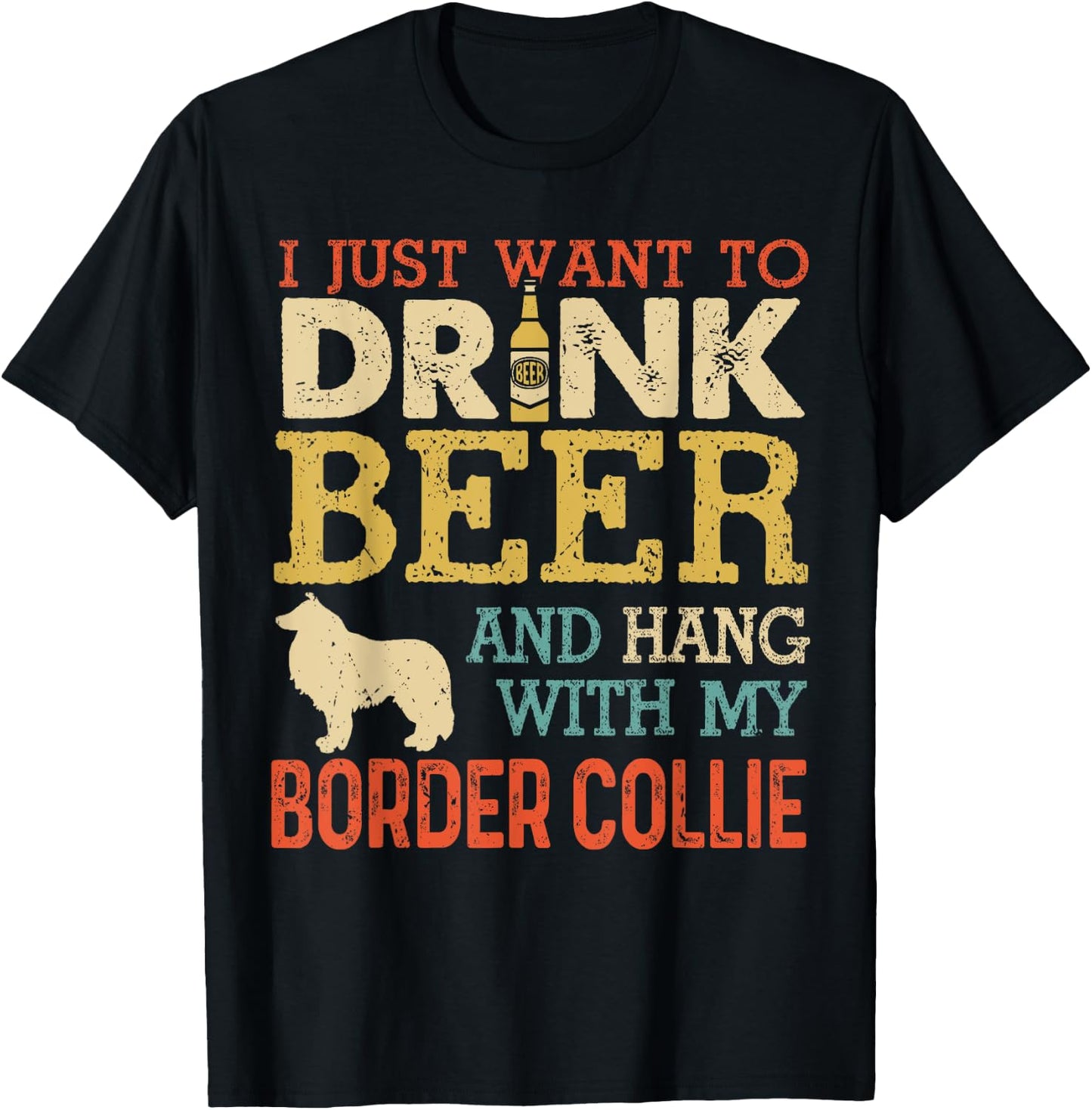 Border Collie Dad Drink Beer Hang With Dog Funny Men Vintage T-Shirt - T-Shirt | Black