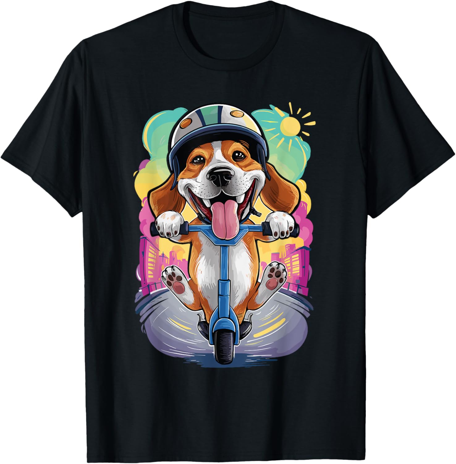 A funny Beagle dog riding an e-scooter T-Shirt - T-Shirt | Black