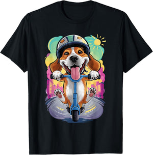 A funny Beagle dog riding an e-scooter T-Shirt - T-Shirt | Black