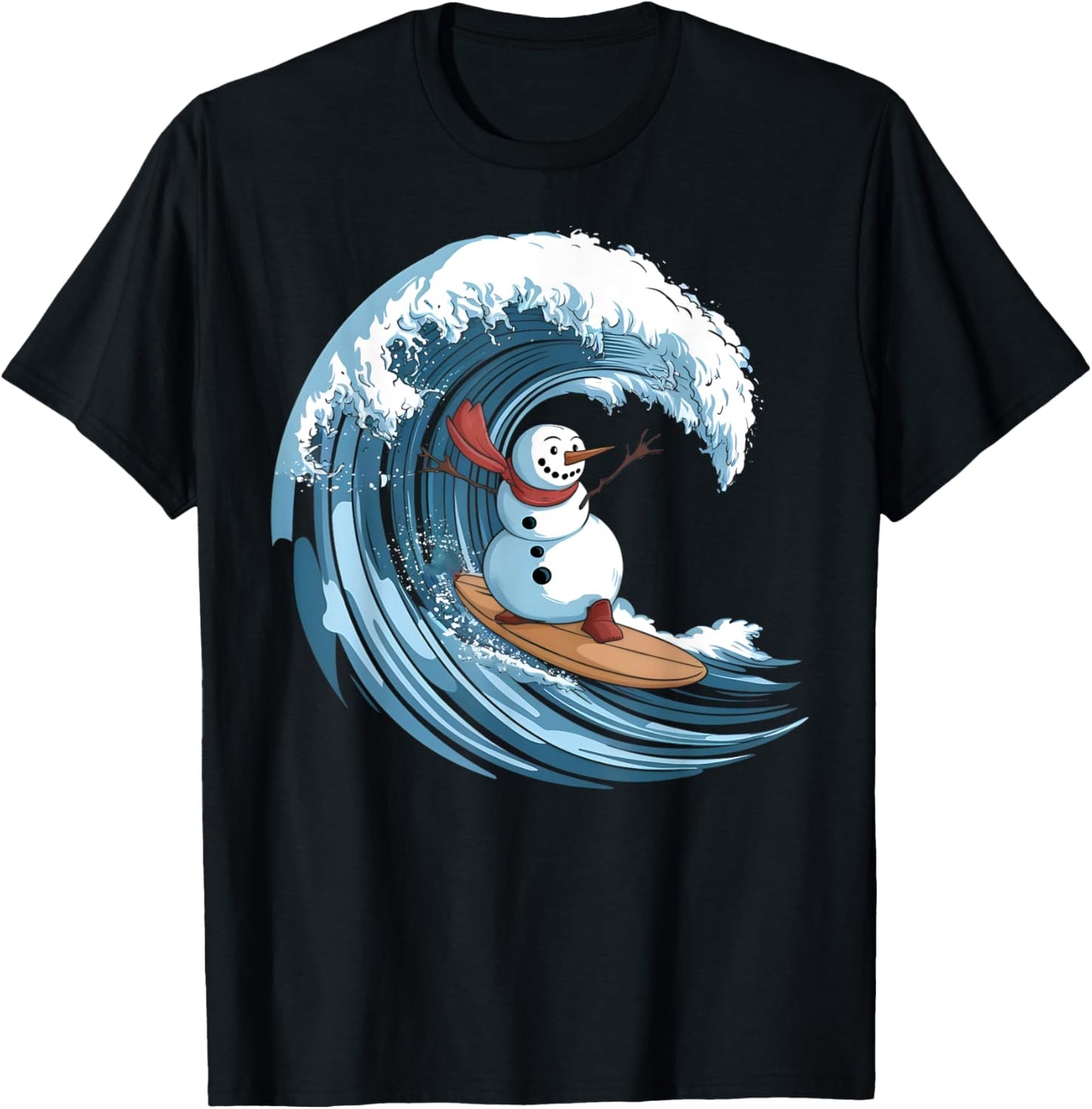 Christmas In July Snowman Surfing Surfboard Beach Waves T-Shirt - T-Shirt | Black