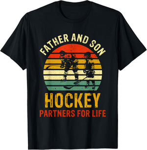 Vintage Dad And Son Hockey Partners For Life Fathers Day T-Shirt - T-Shirt | Black